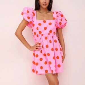 Pitusa Pink Polka Dot Babydoll Mini Dress Puff Sleeves Open Back Size Small NWT